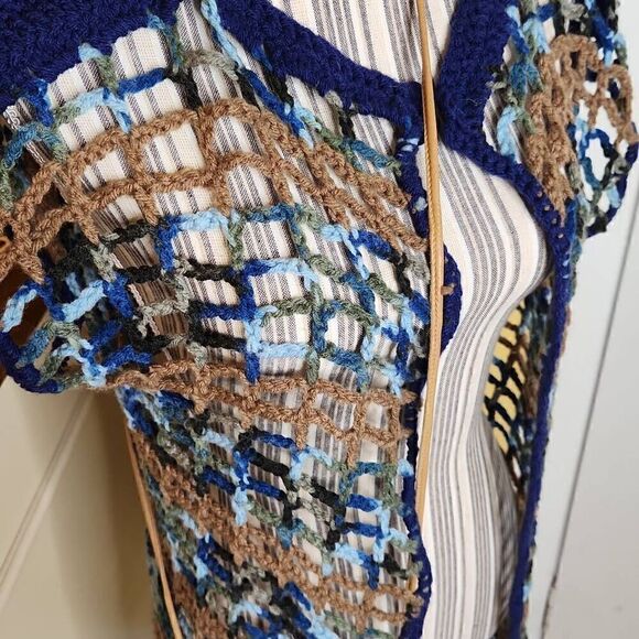 Handmade crochet knit blue open sweater women's size S/M with tan crossbody - Picture 2 of 9
